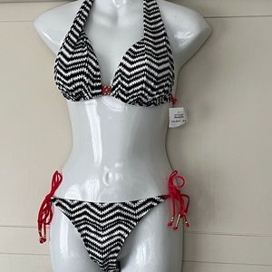 2Bamboo String Bikini w/beads Sexy Black White Red Wavy Print Size 34-36B/C